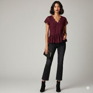 Notebuk Sz 0XL Burgundy Lace V Neck Short Sleeve Peplum Top Whimsigoth Holidays